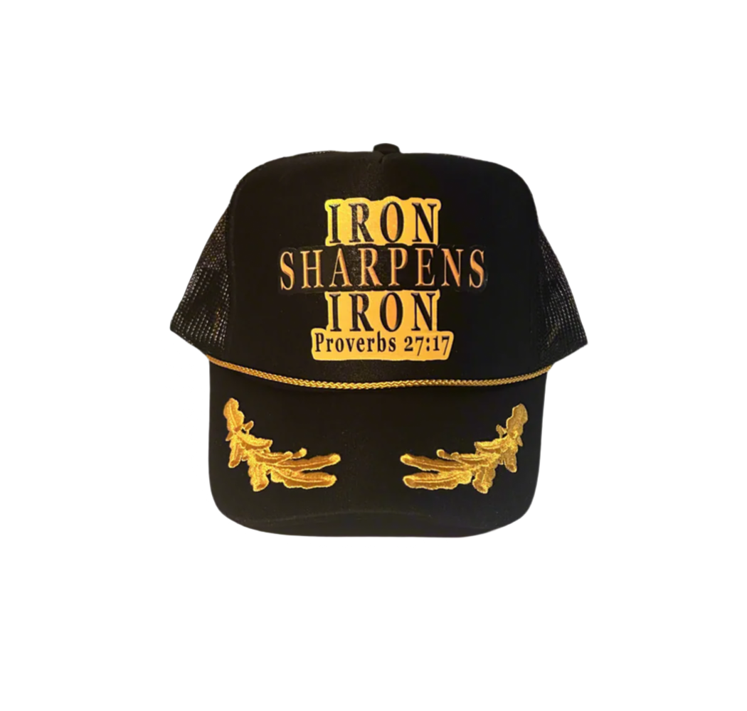 Trucker cap with scripture 'Iron Sharpens Iron' from Proverbs 27:17