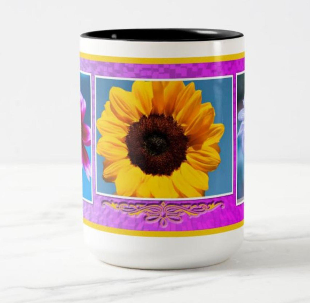 Sunflower, dahlia and daisy.