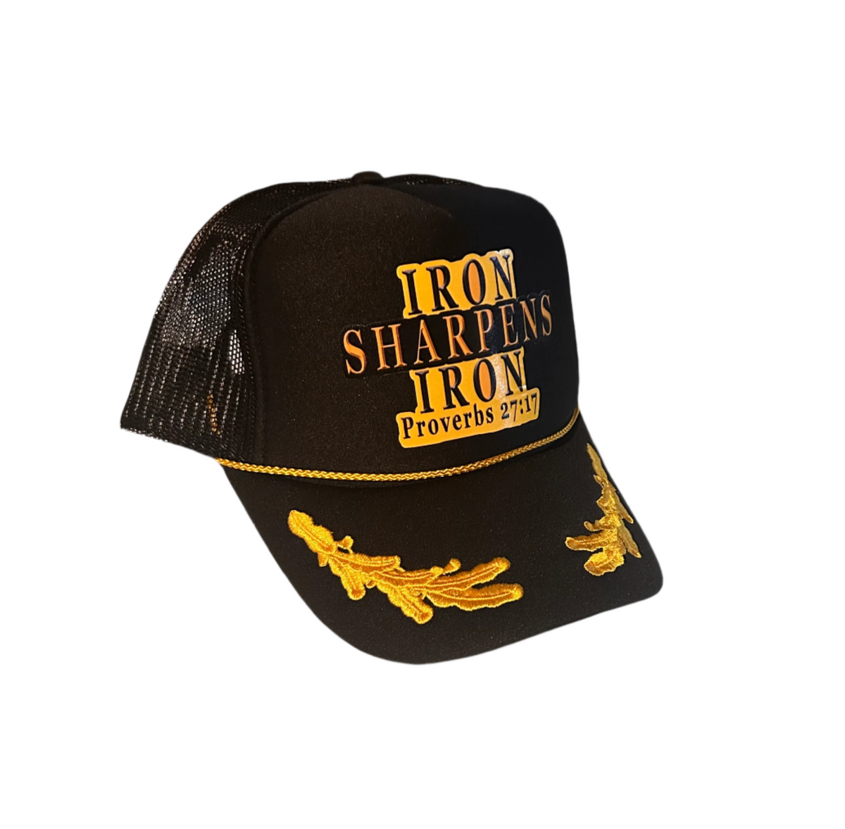 Trucker cap with scripture 'Iron Sharpens Iron' from Proverbs 27:17