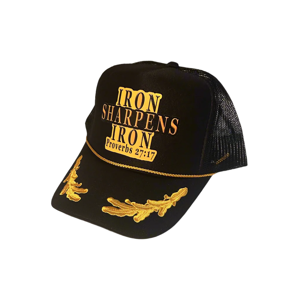 Trucker cap with scripture 'Iron Sharpens Iron' from Proverbs 27:17
