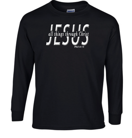 Long-sleeve T-shirt with 'All Things Through Christ'