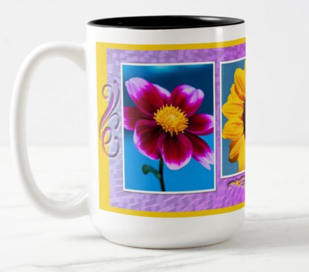 Sunflower, dahlia and daisy.